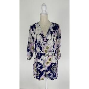 Yumi Kim Womens Bora Bora Navy Liz Floral Silk Romper Size Large Purple V Neck